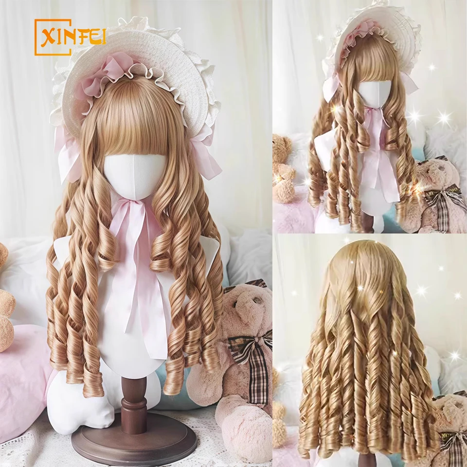 XINFEI Light Gold Roman Roll Synthetic Wig Female Elegant Retro Lolita Straight Bangs Roman Roll Long Curly Hair Party Wig