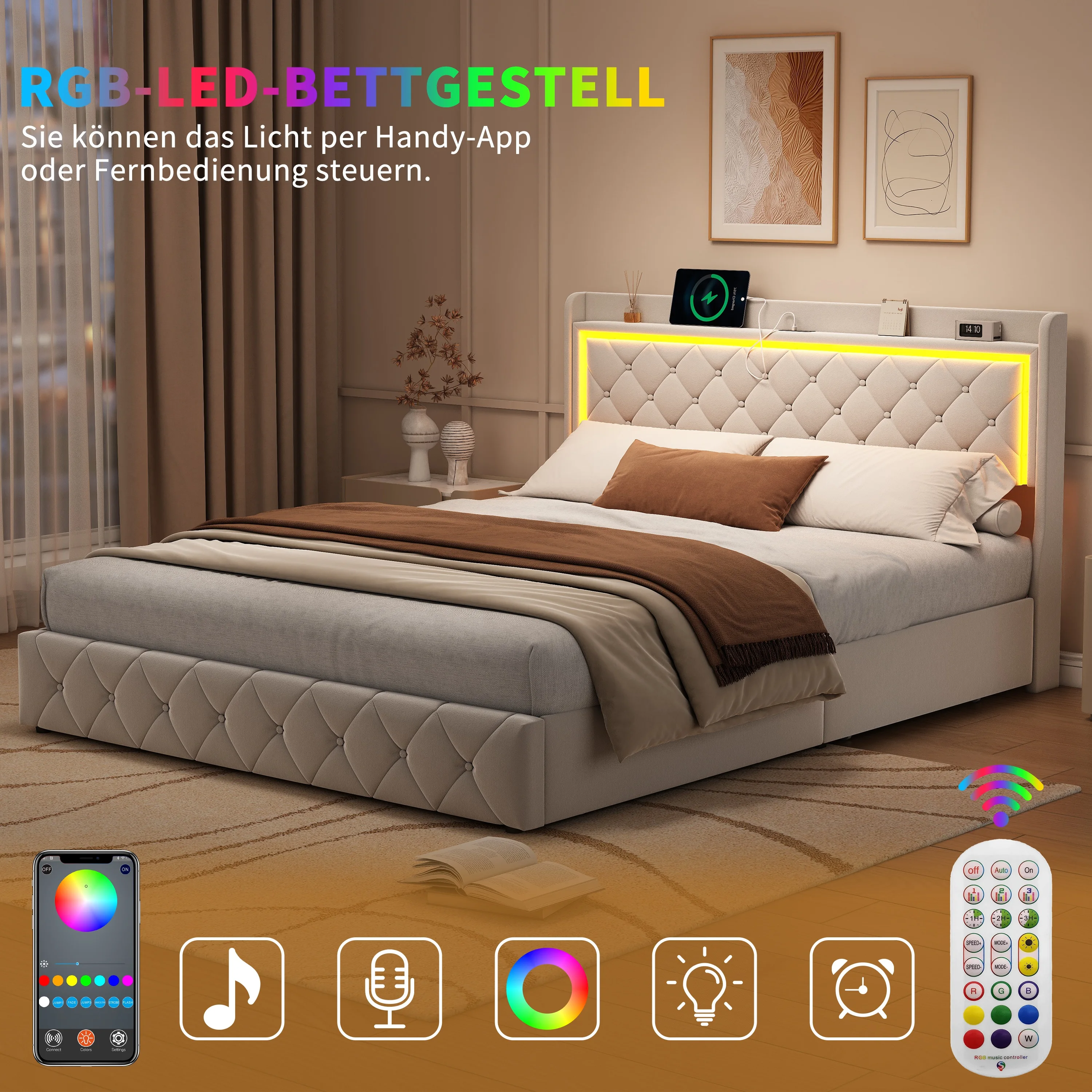 Rosahqnda Polsterbett mit Bettkasten oder Schubladen,LED-Beleuchtung,Teenager-Bettrahmen,Erwachsene mit Aufbewahrungsraum – Detail 16