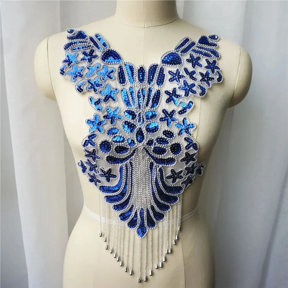 Royal Blue Sequin Lace Fabric Beads Tassel Wedding Gown Appliques Collar Baroque Embroidery Sew Patch For Dress DIY Decoration — zdjęcie 2
