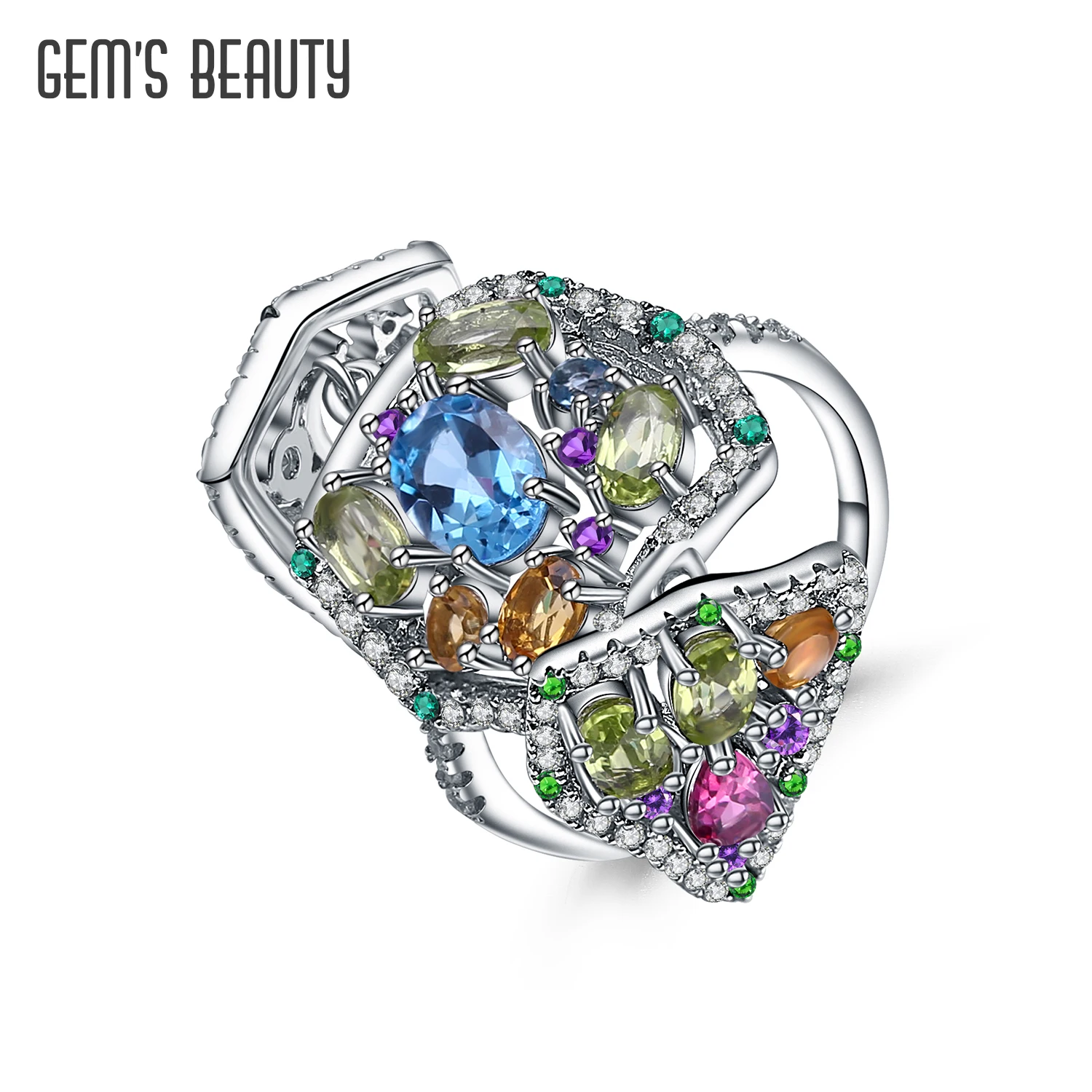 

GEM'S BEAUTY 925 Sterling Silver Mixed Gems Ring Natural Topaz Peridot Citrine Amethyst Cocktail Ring Fine Jewelry for Women