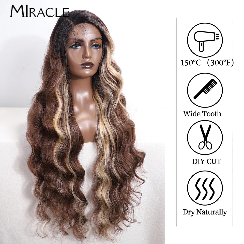 MIRACLE Synthetic Lace Wig Cosplay Wig for Women 36 Inch Wavy Deep Loose Wave Wigs Ombre Ginder Blonde Wigs Side Part Fake Hair