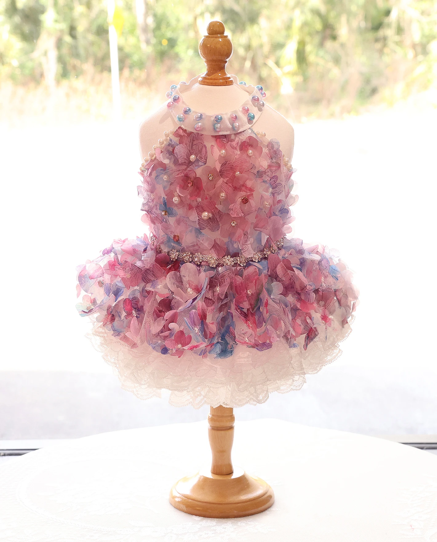 

Handmade 3D Floral Lace Dog Dress Pearl Beaded Tulle Skirt Luxury Princess Gown Small Pet Wedding Birthday Party Formal Costume
