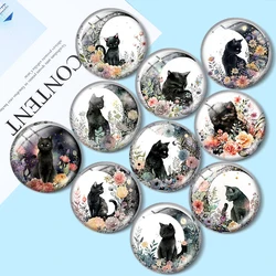 Mystical Floral Black Cat Moon 10pcs 12mm/16mm/18mm/25mm Round Photo Glass Cabochon Demo Flat Back Making findings