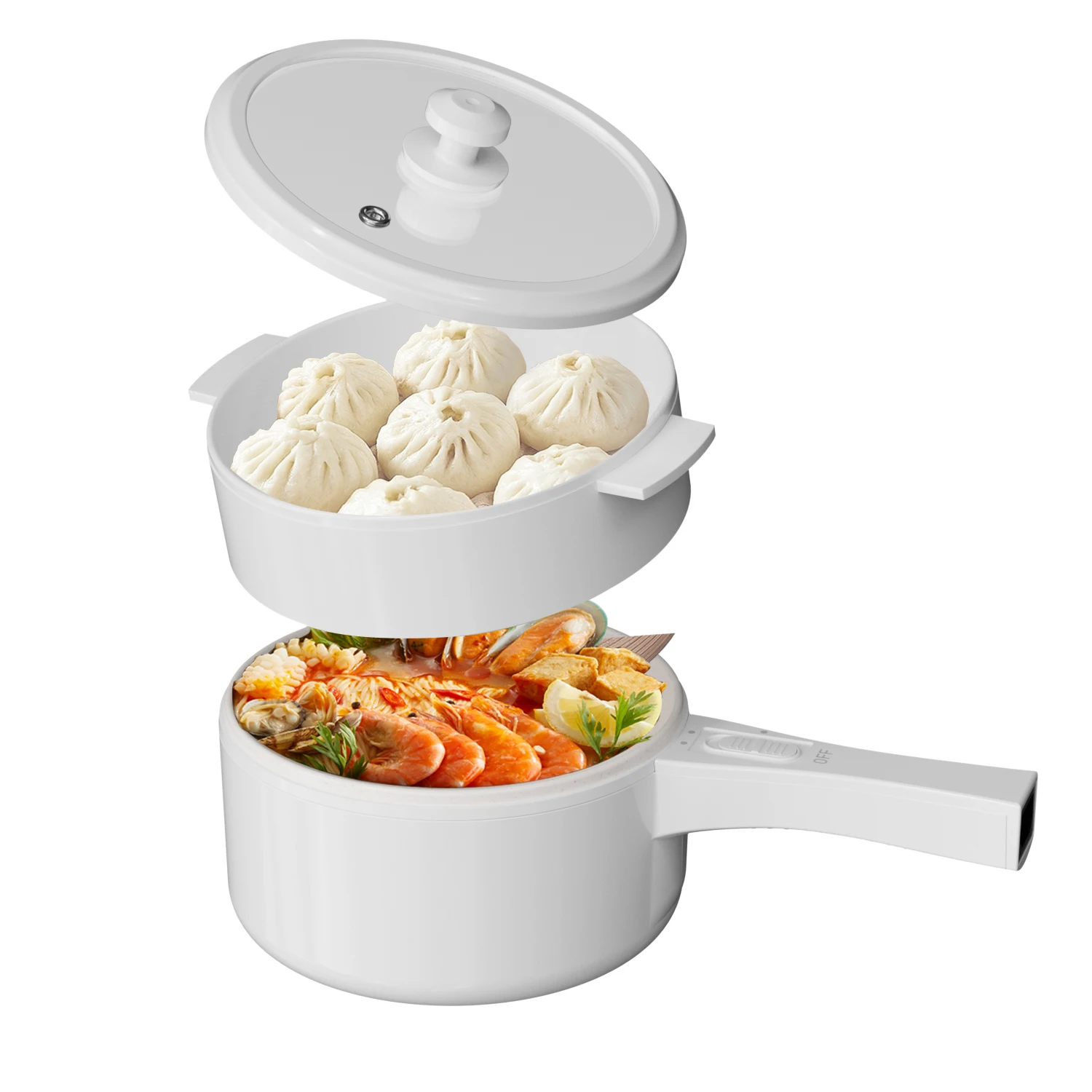 Hot Pot Electric with Steamer, Non-Stick Fryer Pan, 1.5L Rapid Noodles Electric Pot for Steak, Soup with Power Adjustment