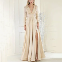 Simple V-Neck Prom Dresses With Split A-Line Formal Occasion Evening Dresses Custom Made Regular Long Sleeve Wedding Party Gowns