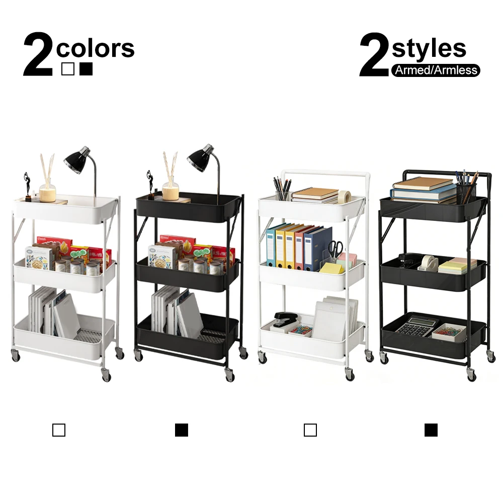 3-Tier Foldable Rolling Cart with Handle,Simple Metal Rolling Storage Rack with Lockable Wheels, Multi-Purpose Mobile Storage Trolley for Kitchen ,Bathroom ,Bedroom ,Office,Snacks,Cosmetics,Household Supplies,No Assembly