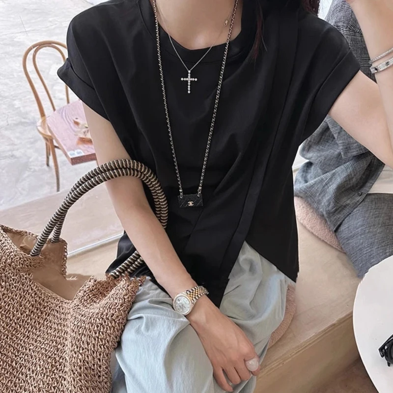 Korean style pin tuck slit roll up round short sleeve long T-shirt