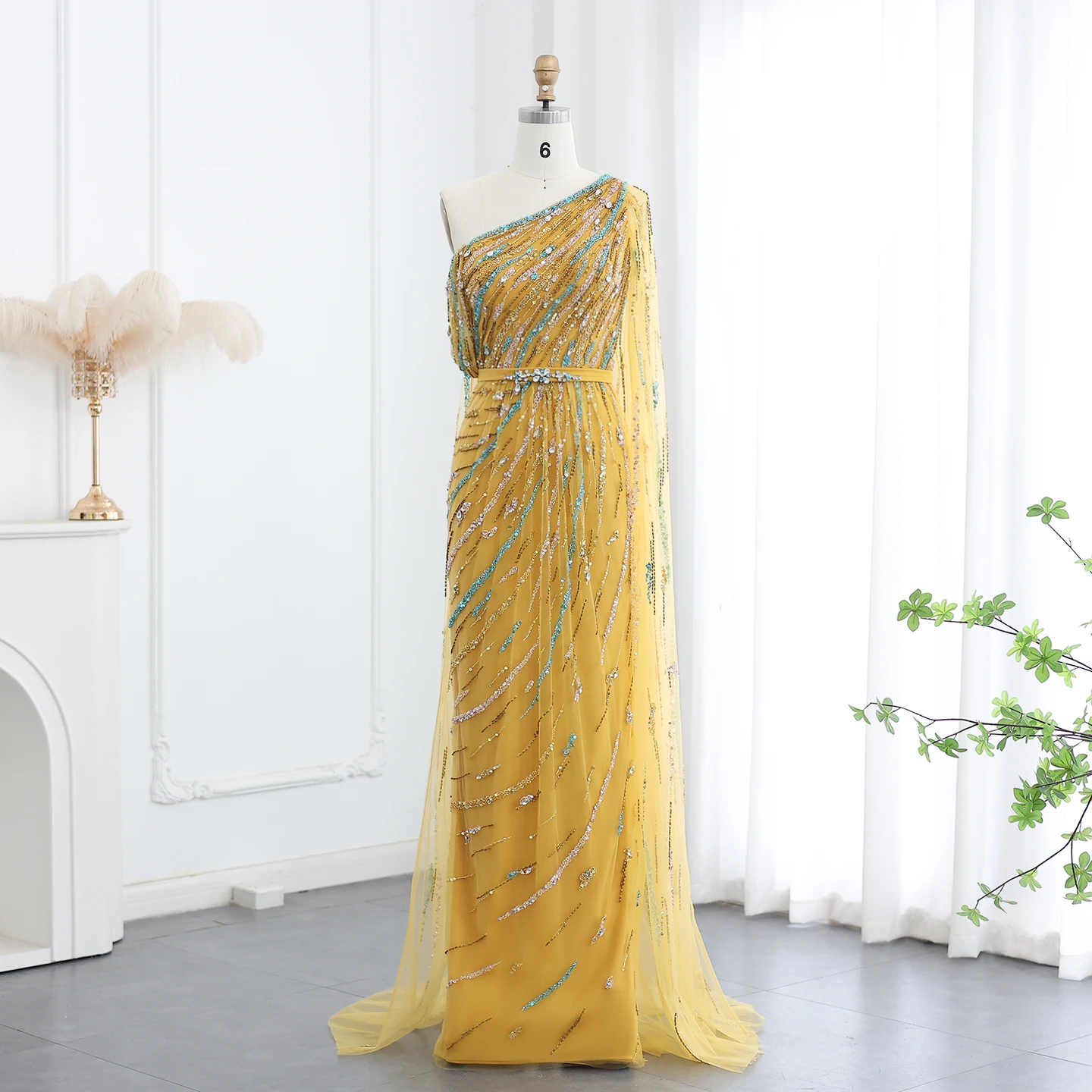 Sharon Said Luxury Dubai Arabic Gold Yellow Evening Dress with Cape One Shoulder for Wedding Formal Party Gowns SS423 Customized