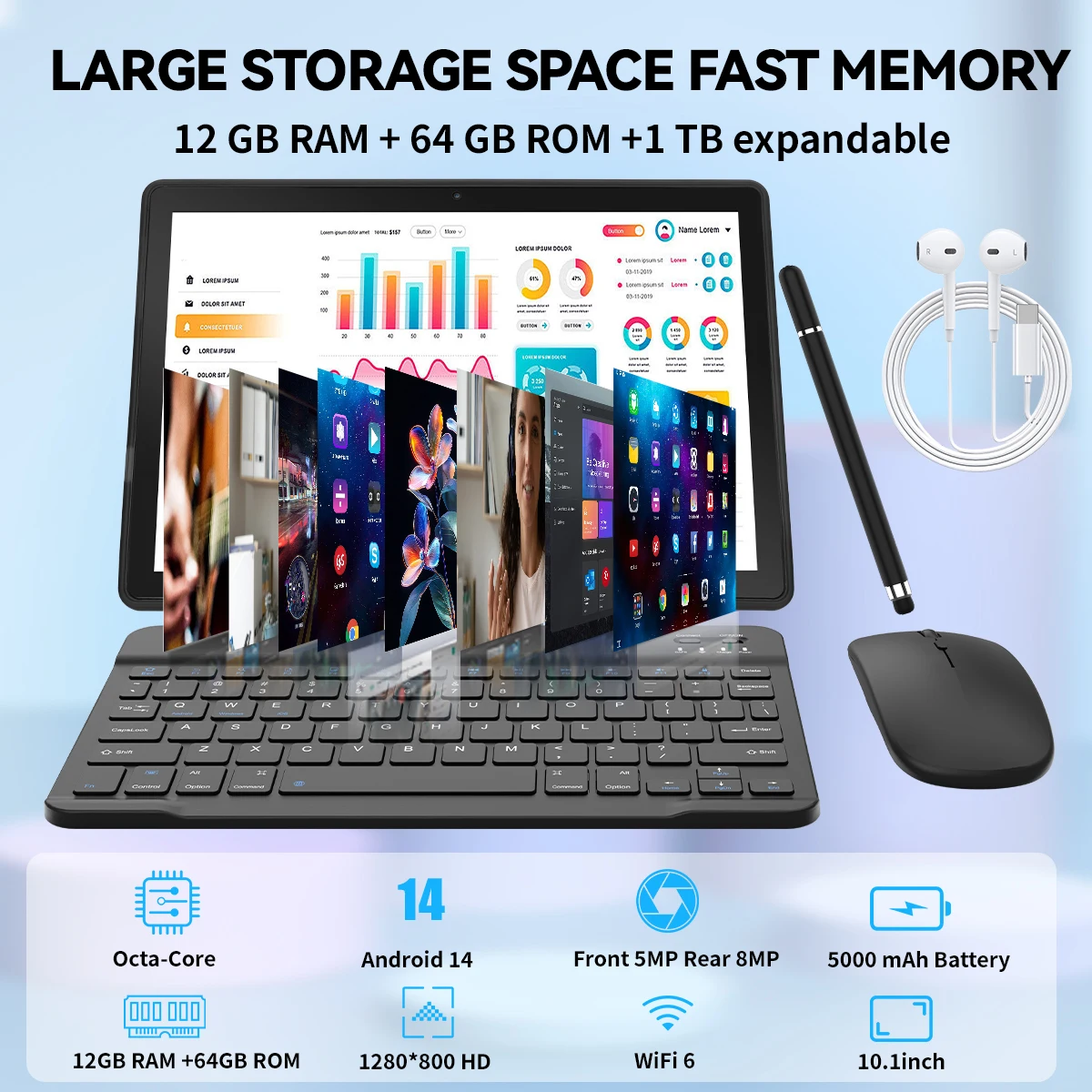 10,1-дюймовый планшет Android 14, 12 ГБ ОЗУ, 64 ГБ ПЗУ, разблокировка лиц, IPS HD-экран с защитным чехлом, стилус, клавиатура, мышь, наушники