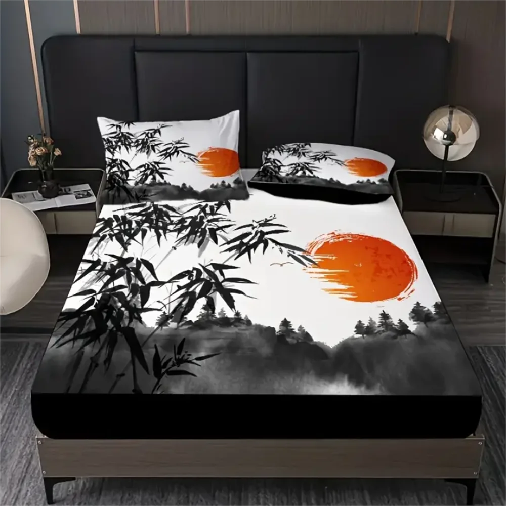 2/3pcs Chinese Style Fitted Sheet Set (1*Fitted Sheet+1/2*Pillowcases, Without Core), Ink Wash Landscape Bamboo Sun Silent Style