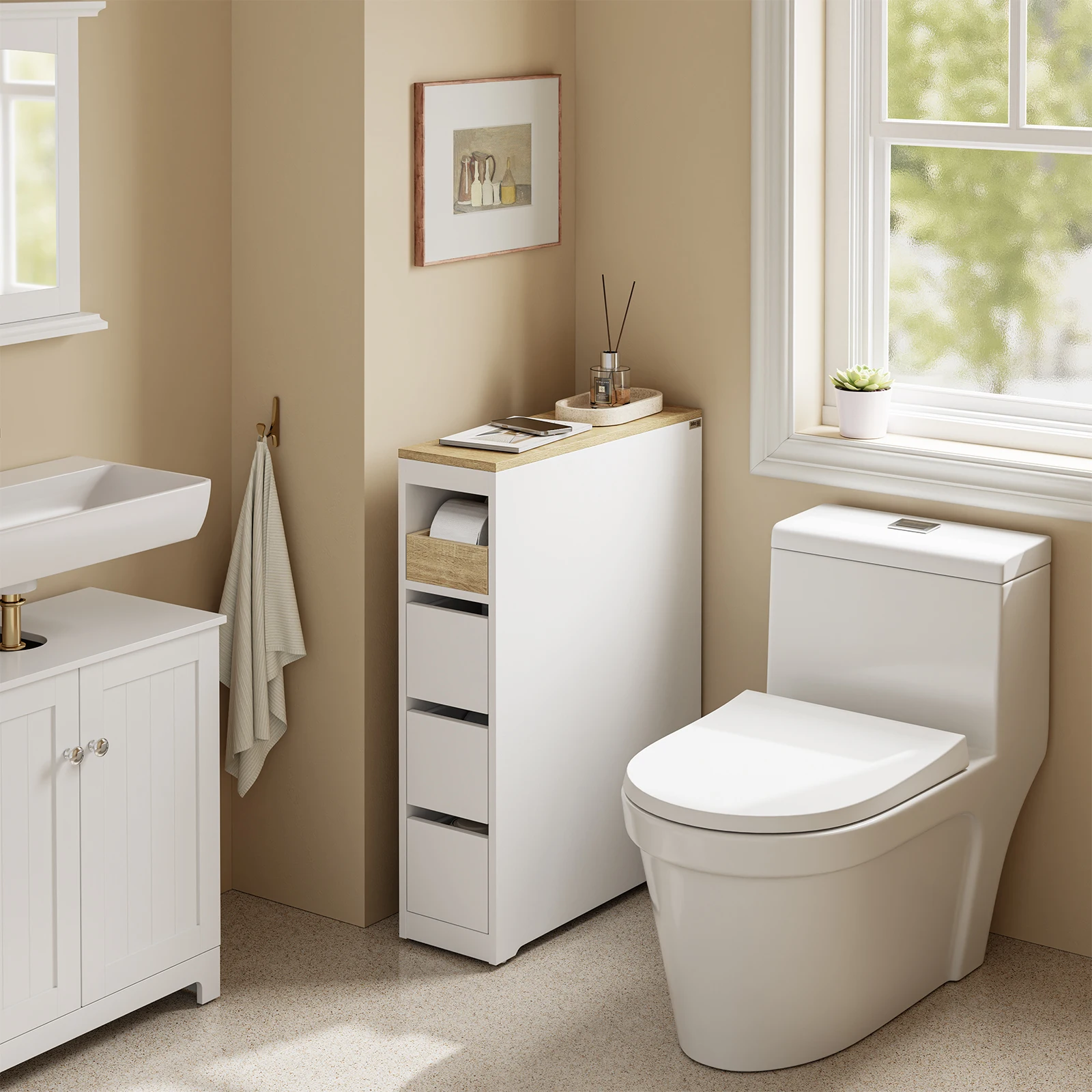 SoBuy BZR54-KW Armadio da bagno con rotoli, armadio Narrow Niches da 20 cm con 3 cassetti per piccoli WC e cucina 60x20x82,3