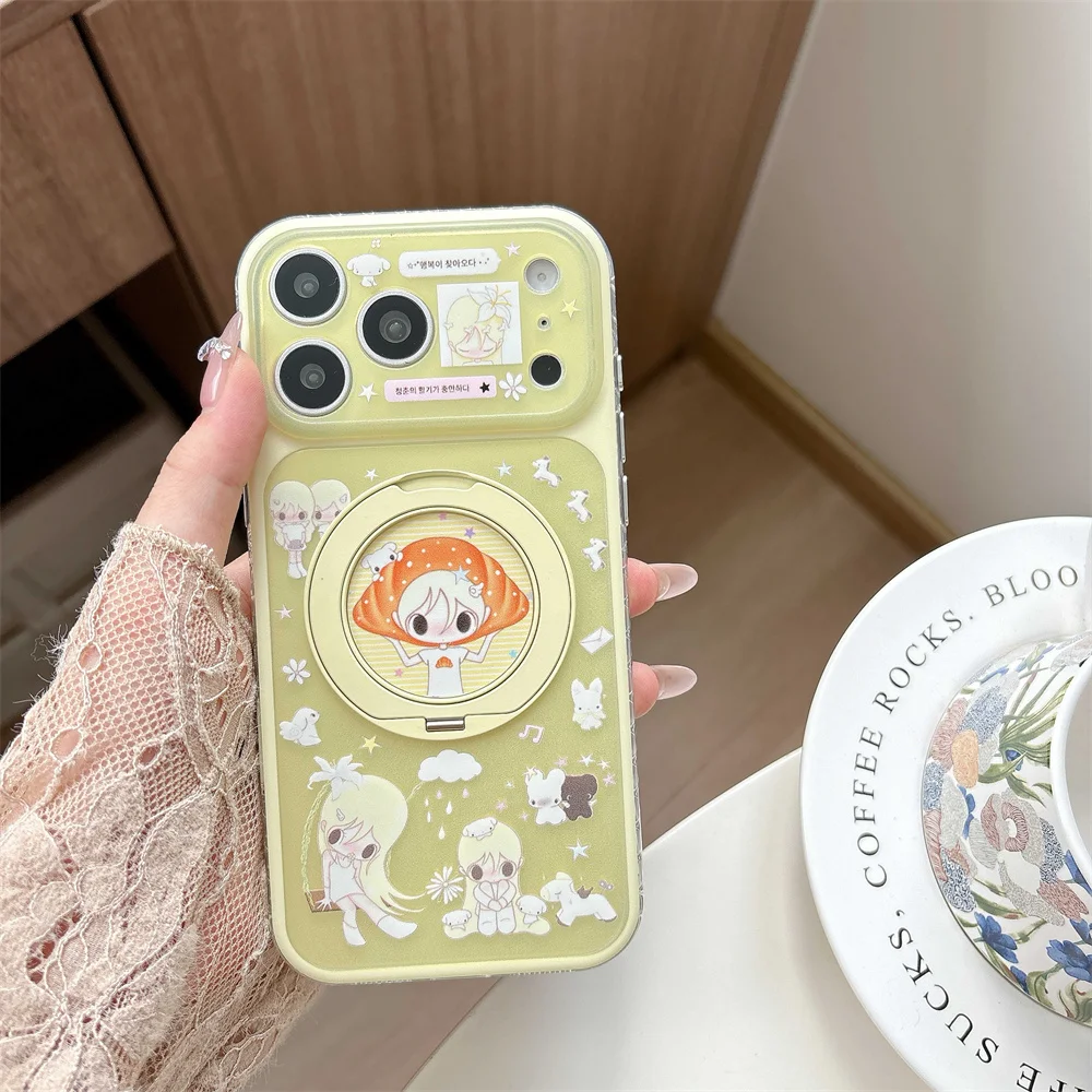 

Cute Cartoon Bread Girl Magnet Phone Case For iPhone 16 Pro 15 16 17 15 Pro Max 17 Pro Cover With Rotate Stand Kawaii Cases Capa