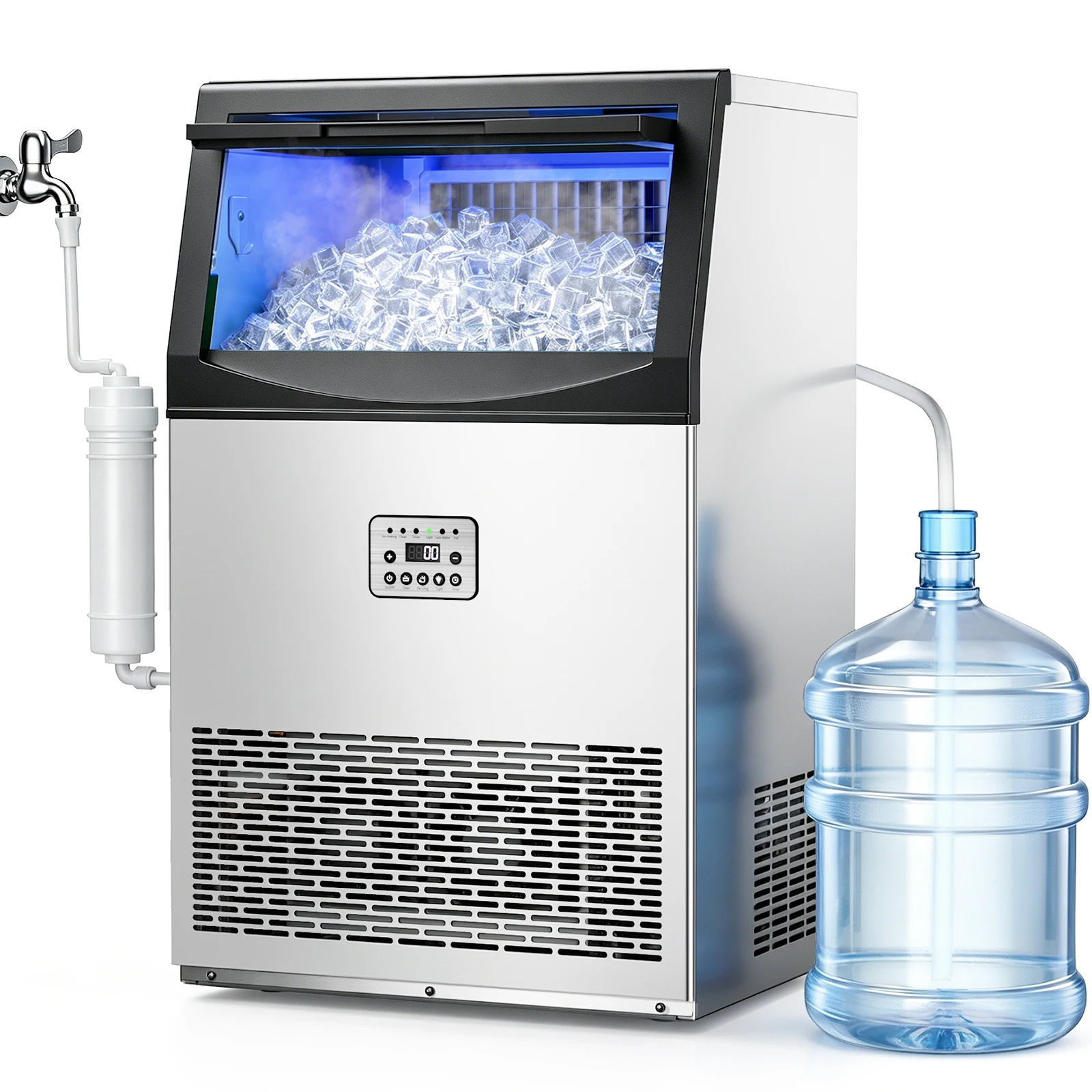 Commercial Ice Maker Machine 200Lbs/24H, 50Lbs Storage Bin, Freestanding & Under Counter Ice Maker | 55 Ice Cubes in 5-15 min | Thicknesses Adjustable | Commercial Ice Machine, Stainless Steel