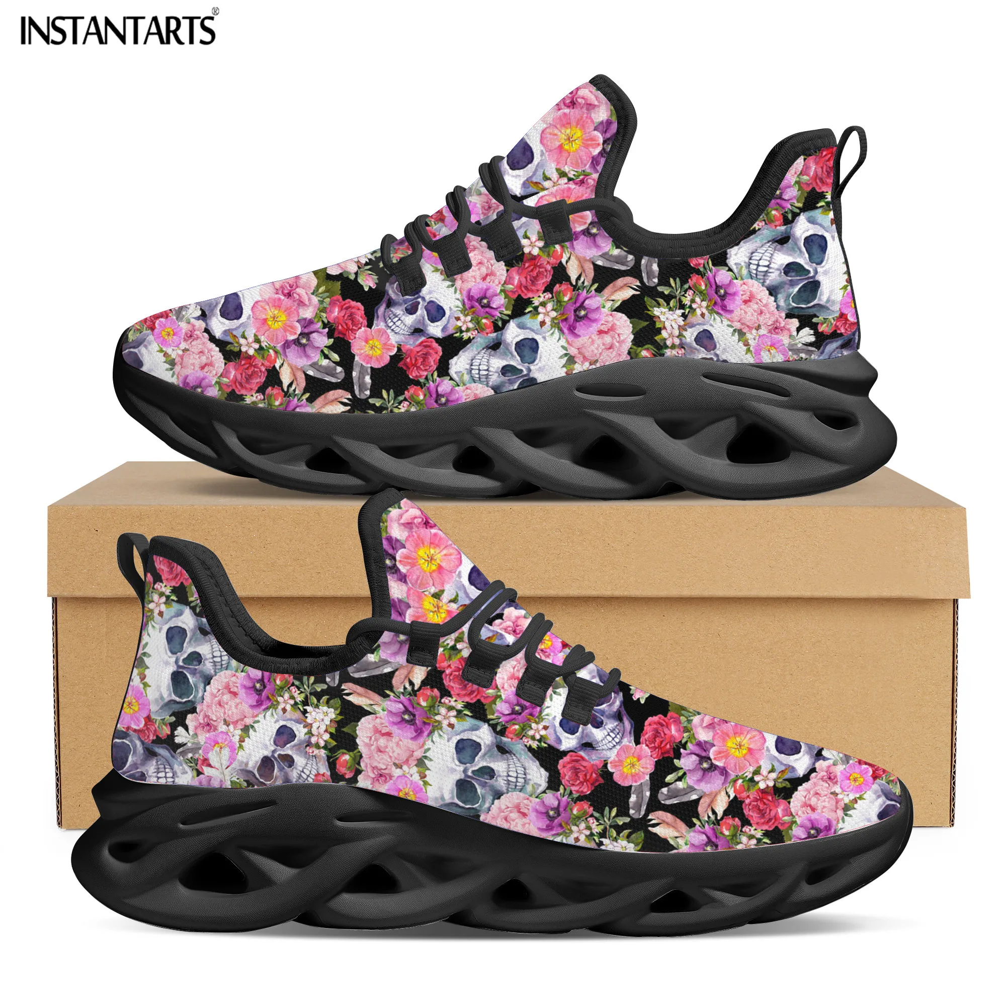 

INSTANTARTS Women Lace-up Sneaker Floral Skull Prints Light Vulcanized Footwear Personality Fashion Leisure Shoes for Teen Girls