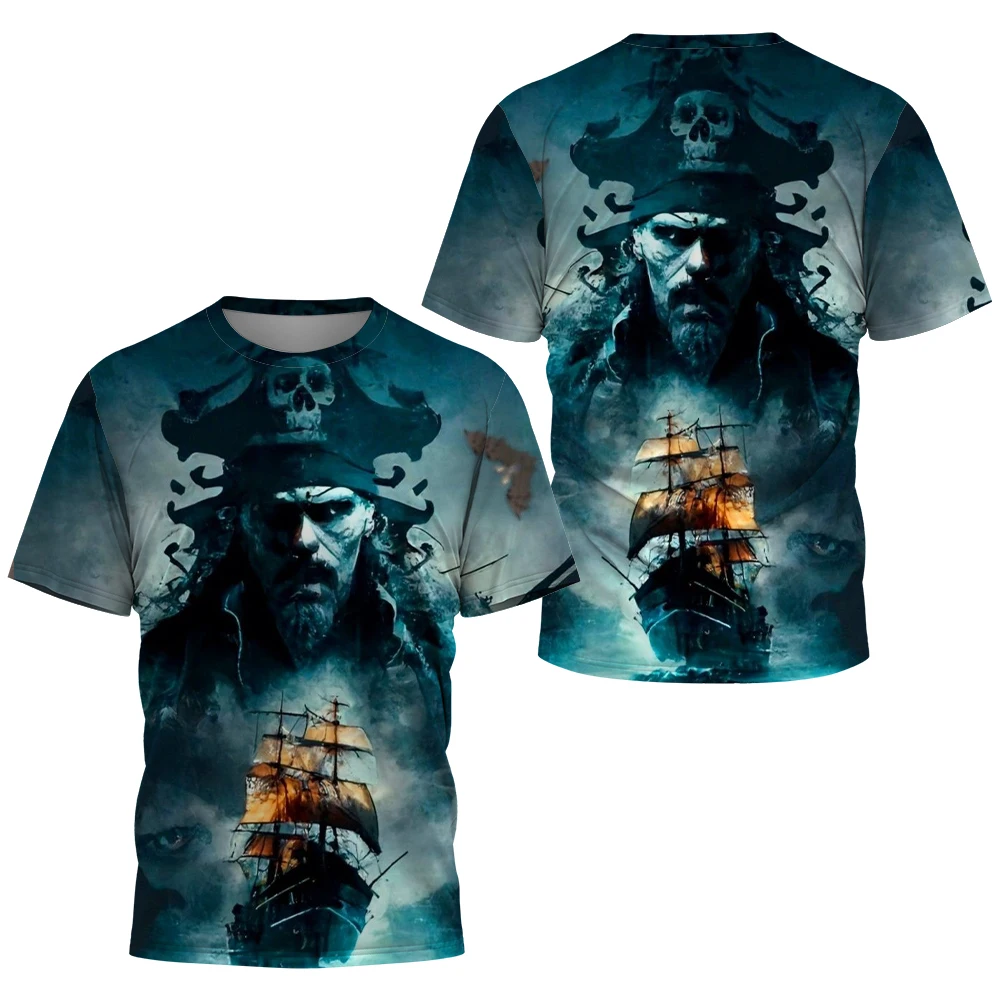 Men's summer O collar oversized T-shirt new fashion pirate captain three-dimensional printing T-shirt short-sleeved T-shirt men'