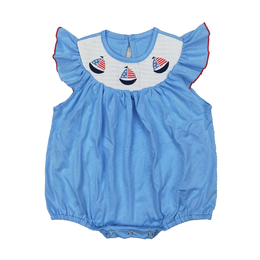 

SR2573 Baby Girls Summer Rompers Smocked Baby Infant Girls 4th Of July Sailboats Rompers