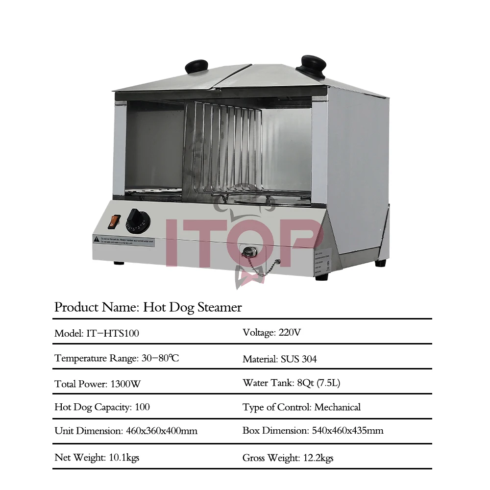 ITOP Hot Dog Steamer Electric Hot Dog Sausages and Buns Warmer with Tempered Glass Temperature Range 30-80° C