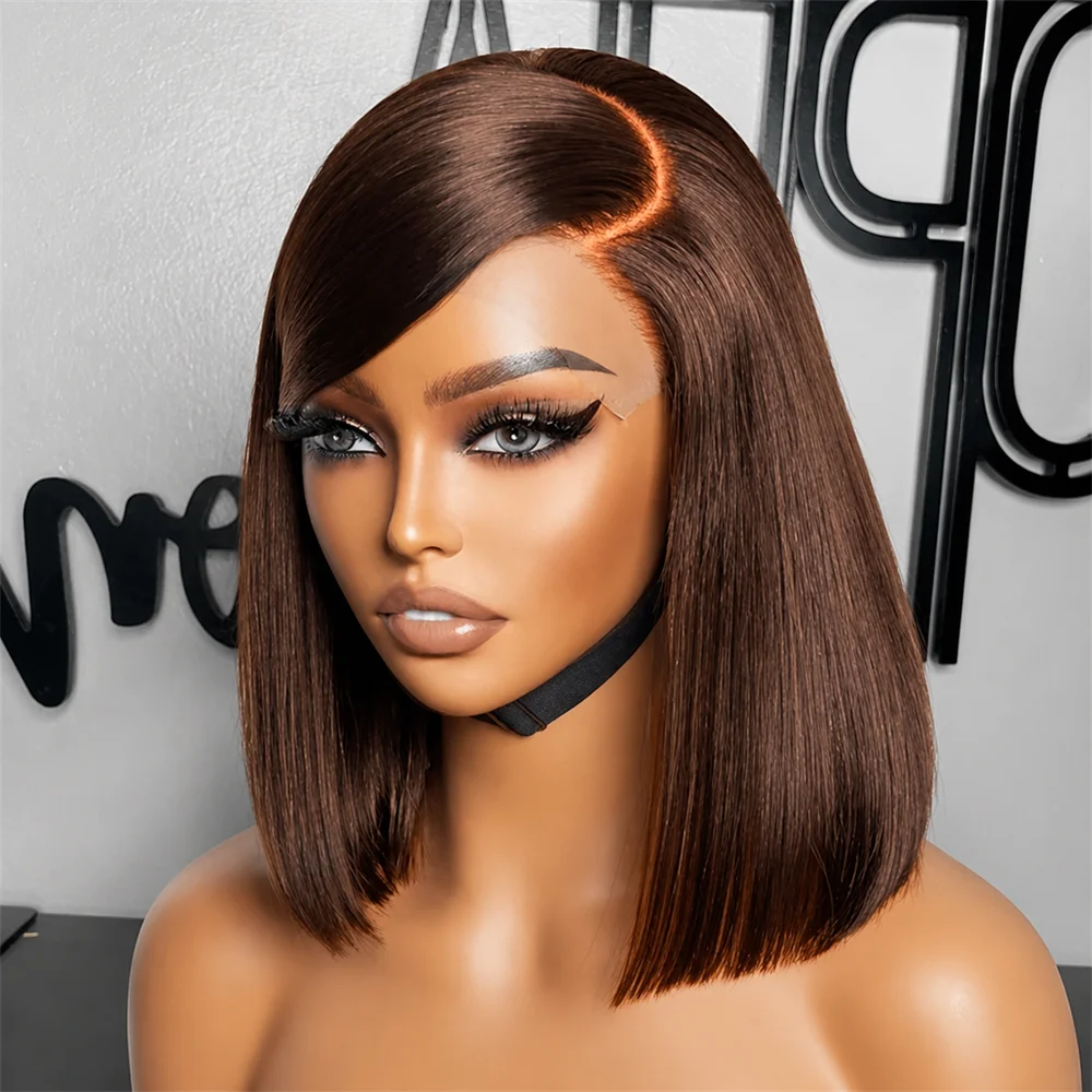 Peluca corta tipo bob de color marrón caramelo, pre-arrancada, con frente de encaje 13x4, densidad 210, peluca marrón chocolate, 100% cabello humano, pelucas frontales de encaje tipo bob para mujeres