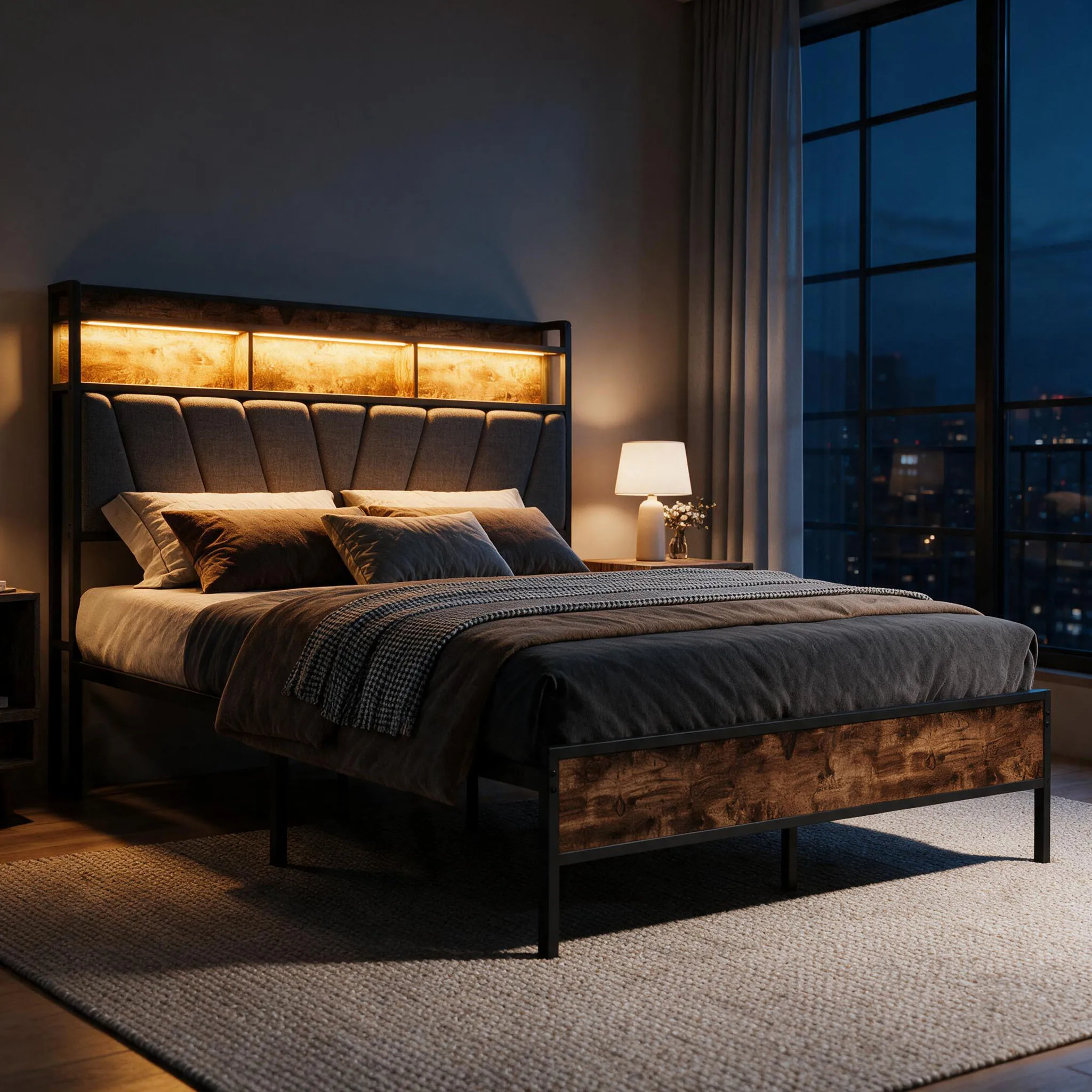 Superaly, Doppelbettgestell 140x200cm, Metallbett mit gepolstertem Kopfteil und Holzmaserung, stabile Metalllattenrostunterstützung, für Schlafzimmer und Apartment, gepolstertes Bett