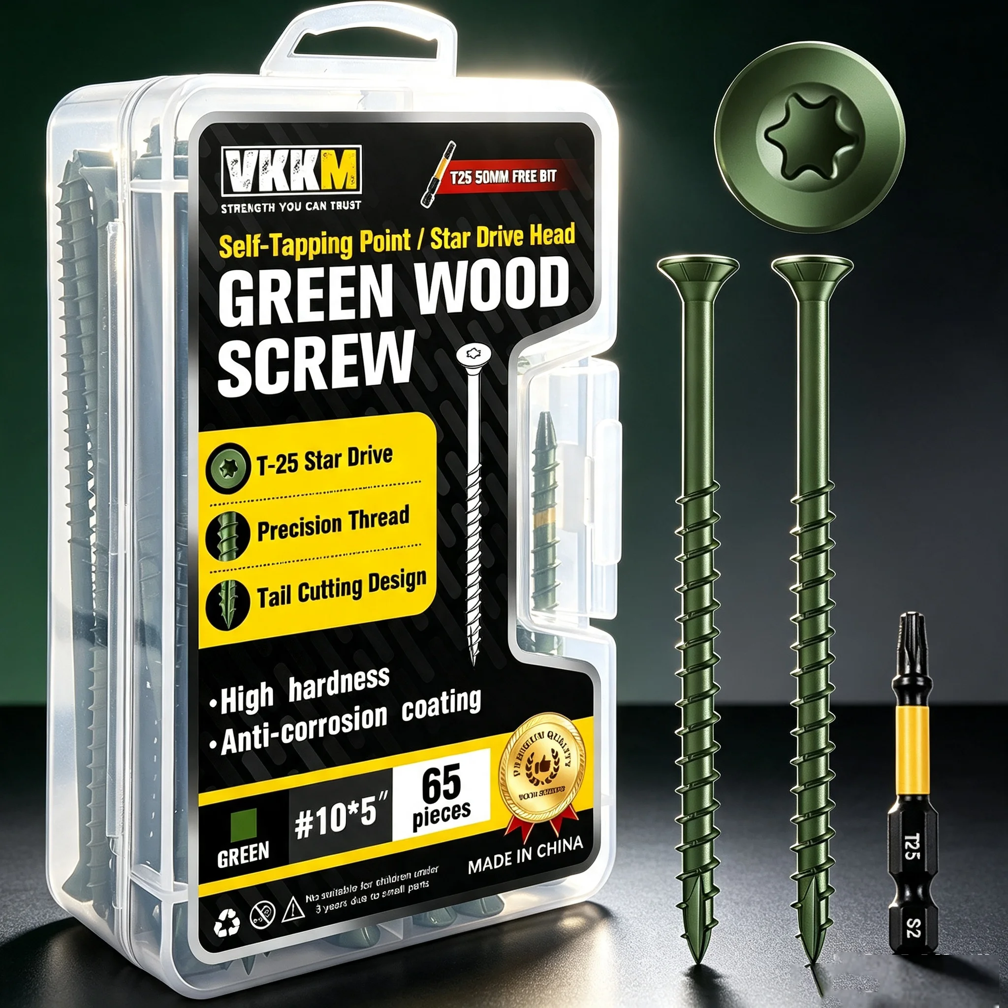 VKKM Green T25 Torx Wood Screws #10 X 5 Inch, 65 PCS Countersunk Head Self-Tapping Screws with Cutting Tail, Anti-Corrosion, Come with T25 Bit for Outdoor Timber Construction