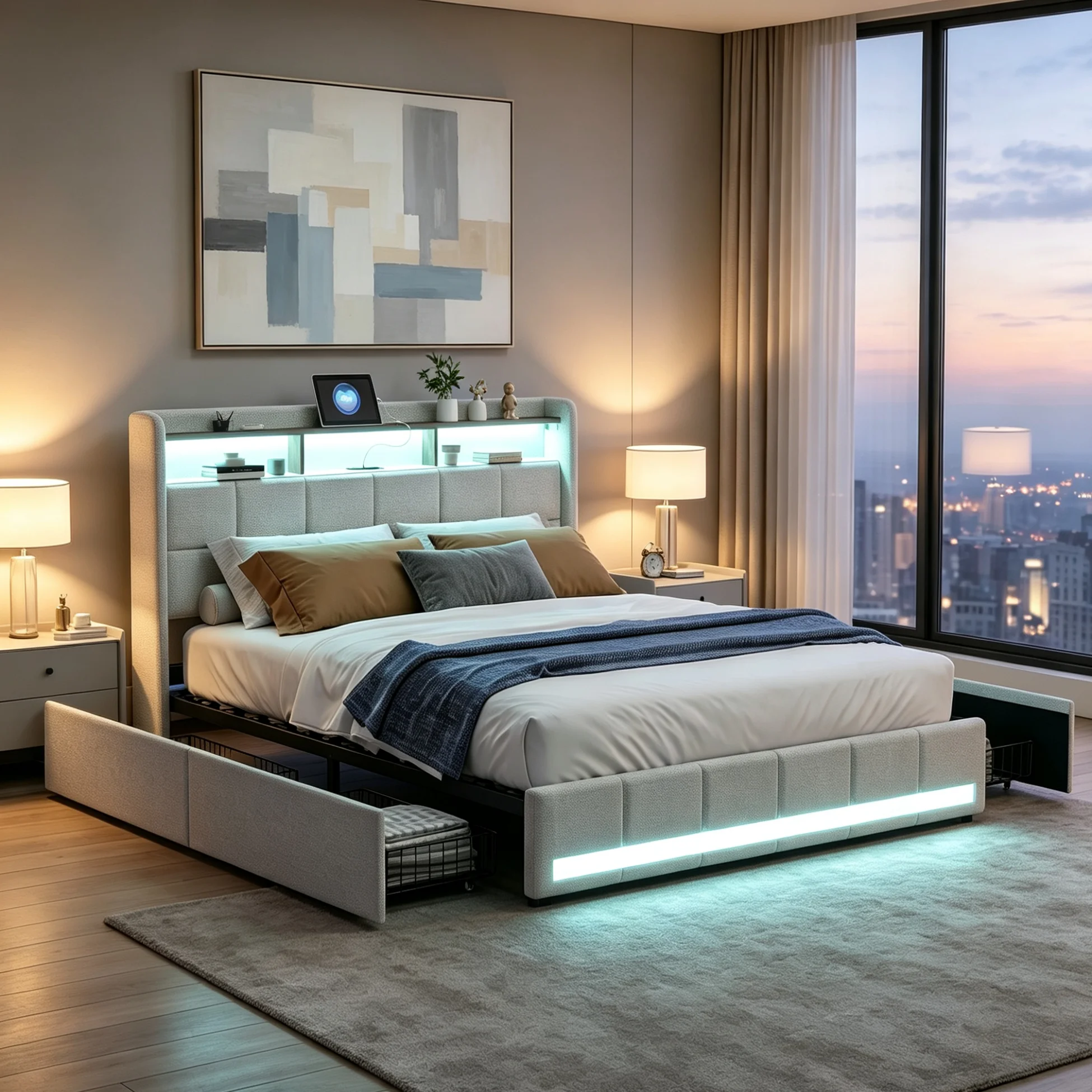 Lit rembourré Simurq 140x200 cm, lit double avec sommier à lattes, tête de lit avec espace de rangement, lit fonctionnel, lit avec rangements, lit pour jeunes avec 4 tiroirs, dossier, cadre de lit, lin, beige