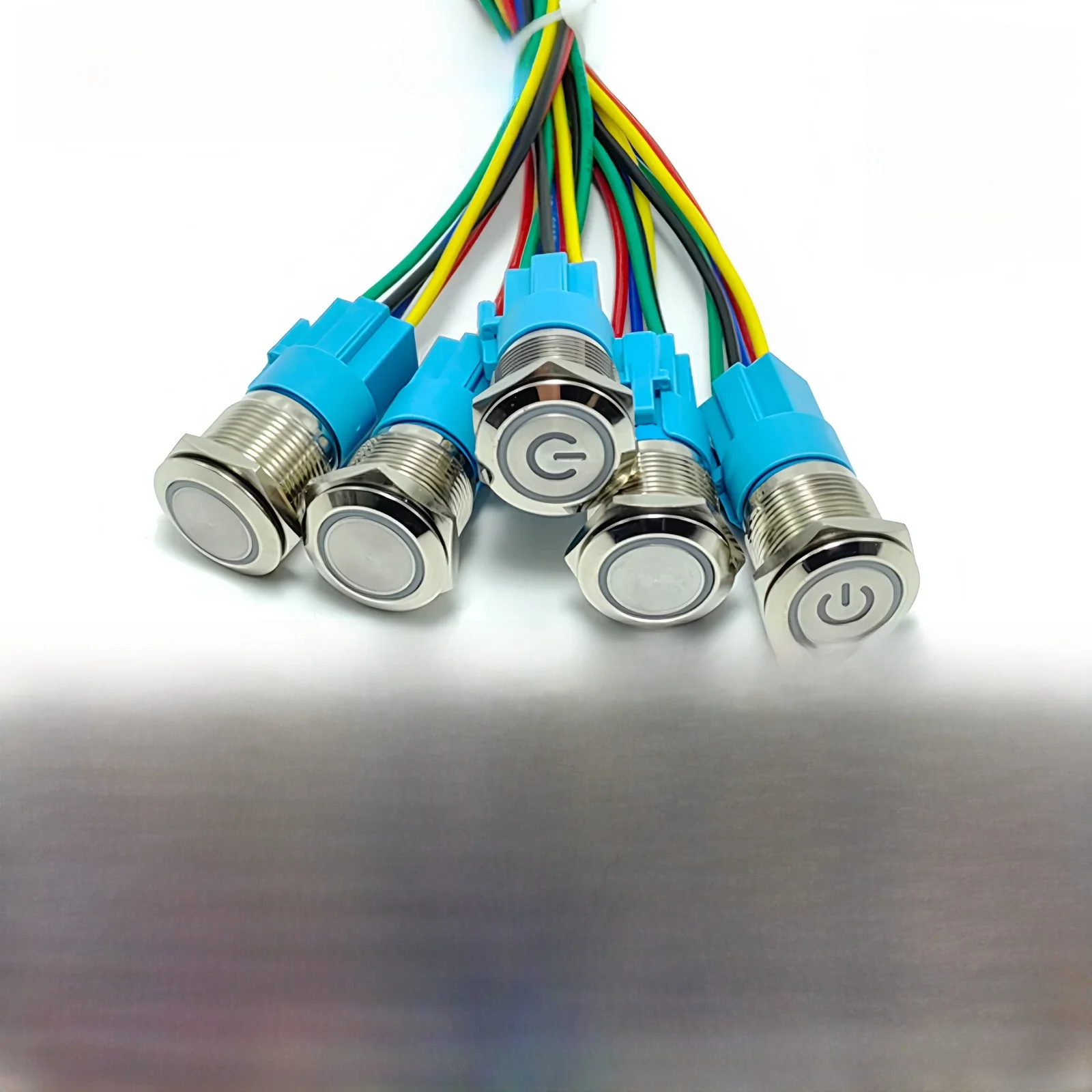 5 szt. Metalowy Przycisk Włącznik 16mm 19mm 22mm z Pierścieniową Lampką, Symbolem Zasilania, Podświetleniem LED 6V 12V 24V 220V, Samozatrzaskujący, Resetowalny, z Złączką — 2
