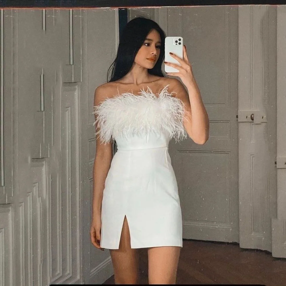 

Sexy Mini Evening Dresses Strapless Feathers Slit Prom Dresses Celebrity Cocktail Dress Prom Gowns Women Vestidos De Gala