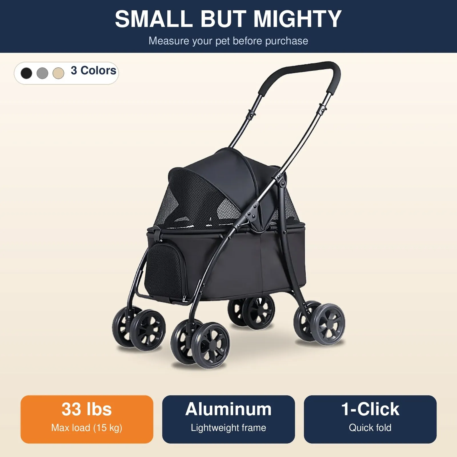 Low Step-In 4 Wheel Pet Stroller for Small Medium Dogs & Cats, Easy Entry for Senior Dogs, One-Click Foldable Dog Stroller with Breathable Mesh, Storage Pocket & 360° Shock-Absorbing Wheels