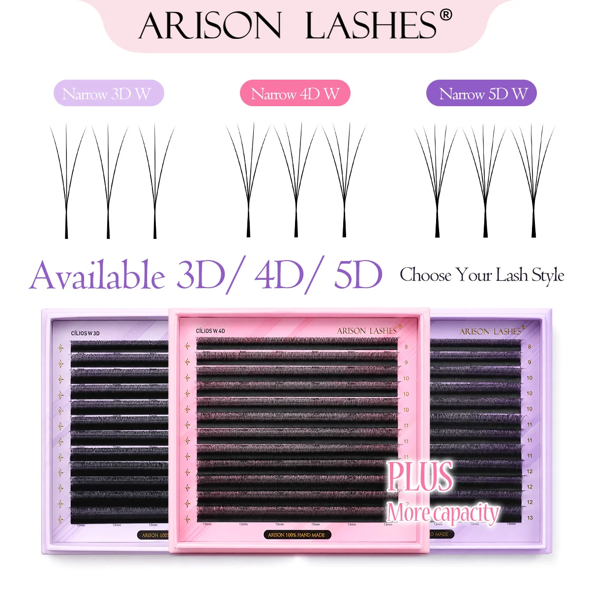 ARISON 3D 4D 5D Узкие W-ресницы для наращивания Plus 0.07 C D Curl 8-13 мм, микс, 2-кратный объем, объемные ресницы V-образной формы.