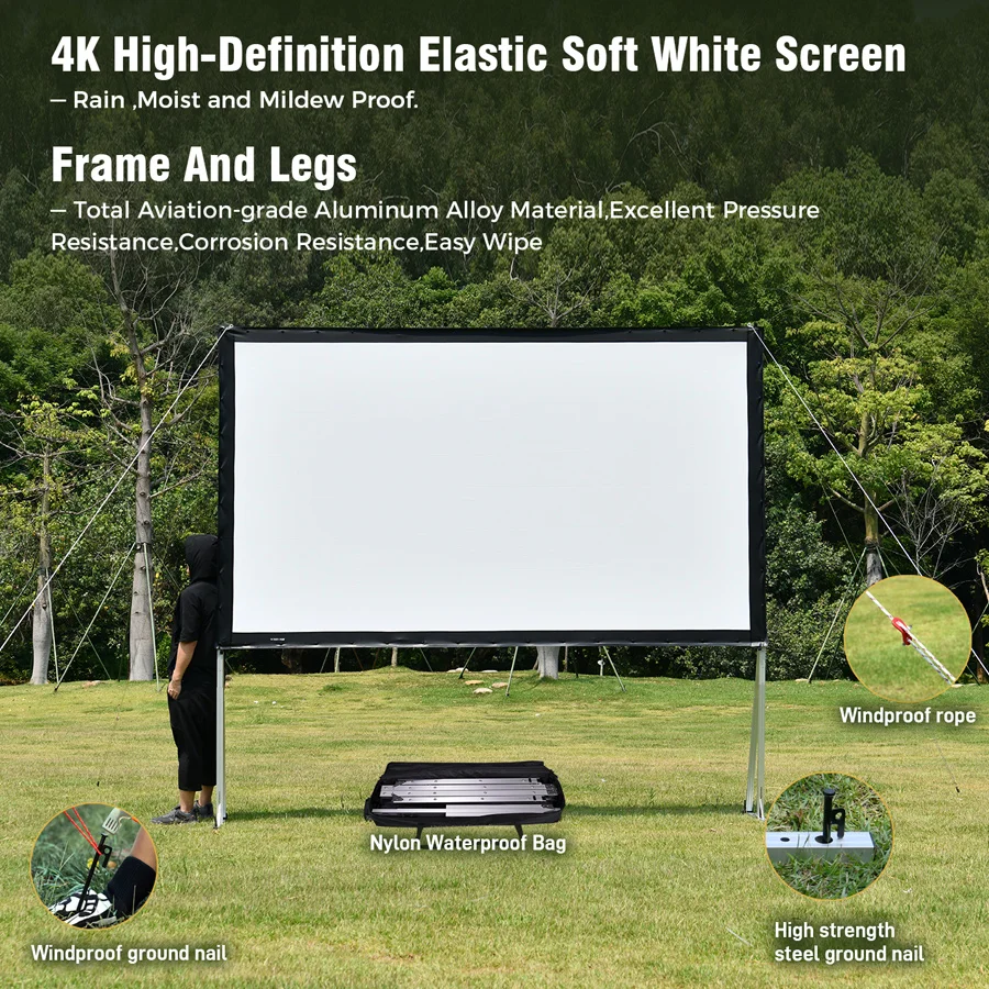 Projector Screen with Stand 120 inch 16:9 HD 4K Outdoor Projector Screen Fast Fold Front & Rear Projection for Outdoor & Indoor