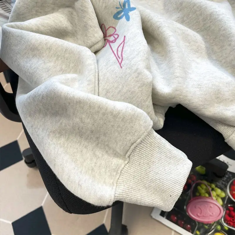 Y2K معطف كبير الحجم مطبوع عليه شخصية المرأة رمادي هوديي موضة الشرير Harajuku زوجين حتى هوديي ممارسة القمم ملابس Kawaii