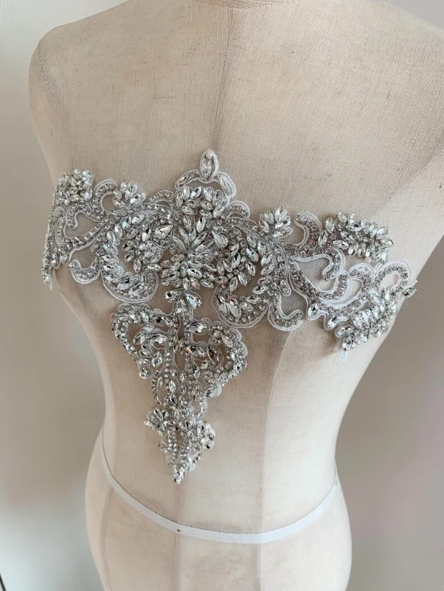

Silver Rhinestone Appliqué For Neckline, Crystal Appliqué Patch , Delicated Heavy Bead Applique