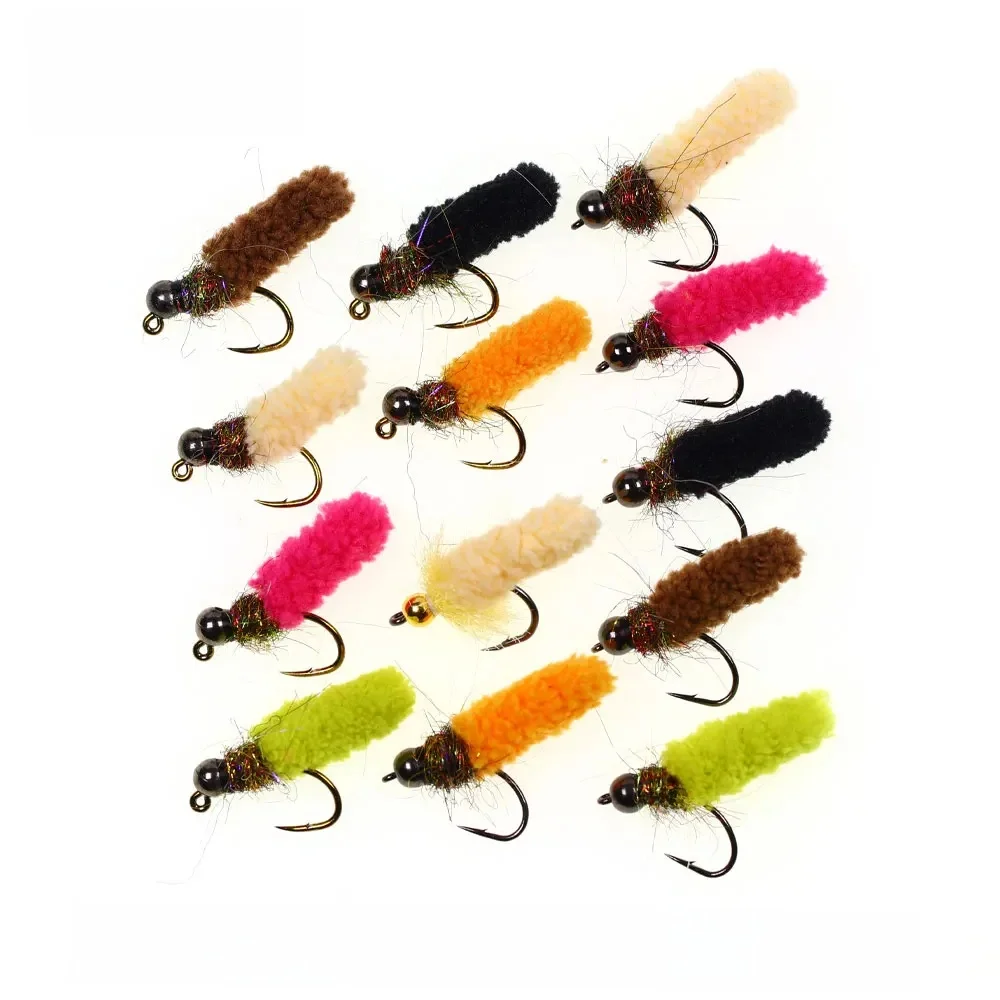 Bimoo 6 pièces en laiton/tungstène perle tête vadrouille mouche grue artificielle mouche Caddis Larva humide gabarit nymphe mouche truite Grayling leurres de pêche