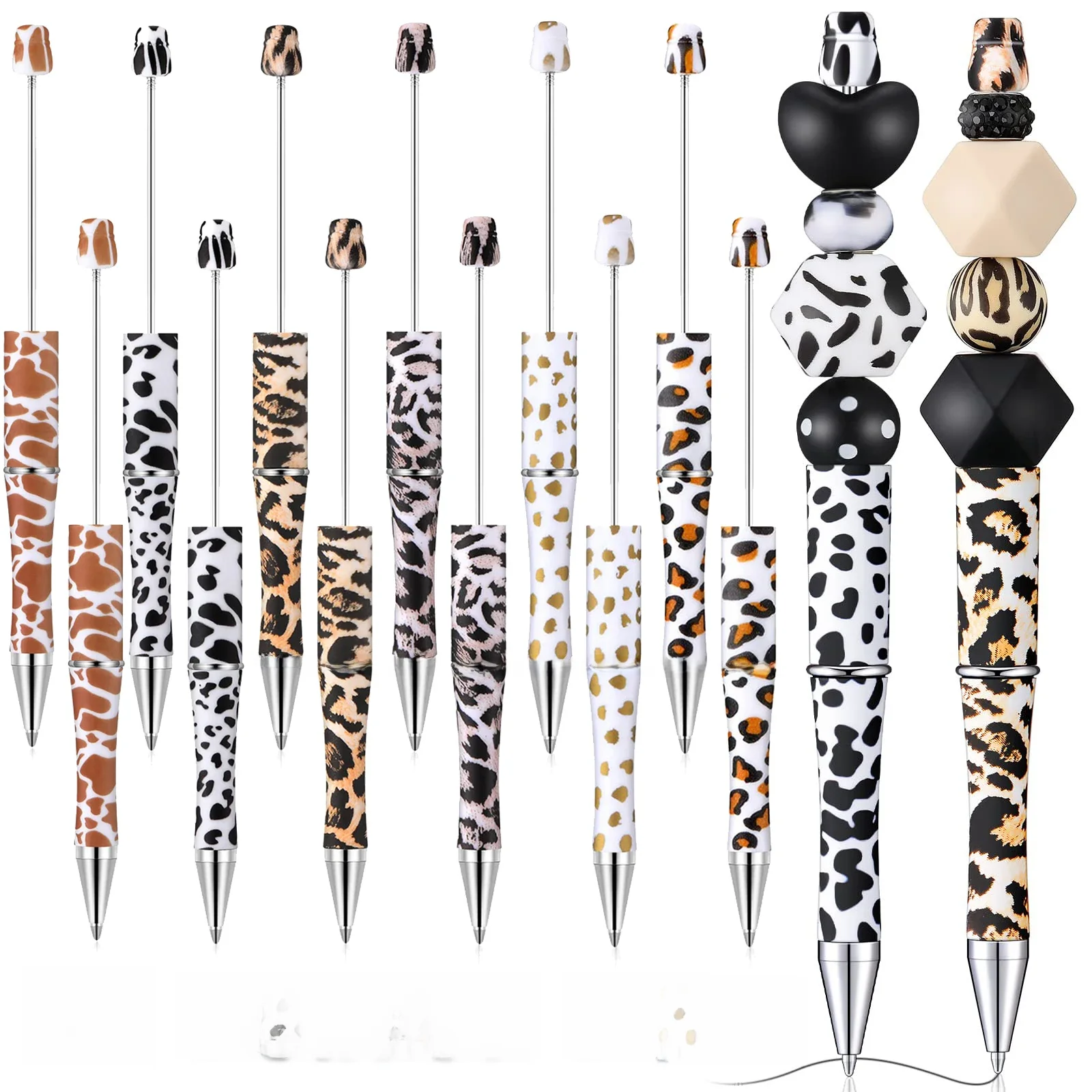 12Pcs DIY Beaded Pen Creative Print Flower Pattern Beaded Ballpoint Pens Leopard Print Cow Spot Beaded Gift Pen School Pen — zdjęcie produktu 7