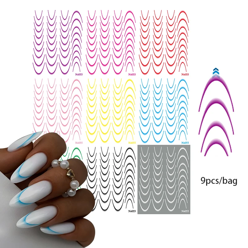 Neon Colorful French Style Line Tips Nail Sticker Self-adhesive Gradient Stripe Lines Bend Sticker Gradient Lines Nail Stickers