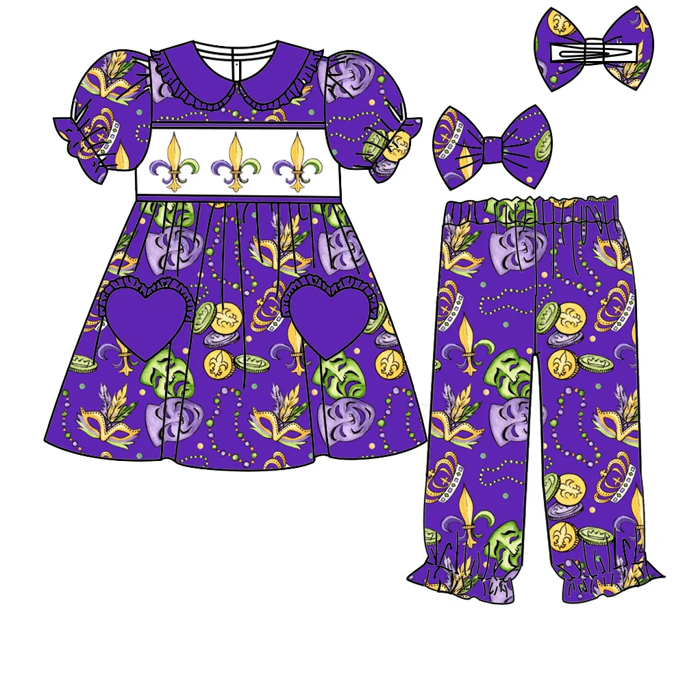 Conjunto de manga corta con bolsillo de amor y estampado lindo morado de Mardi Gras, pijamas familiares de seda de leche para hermanos