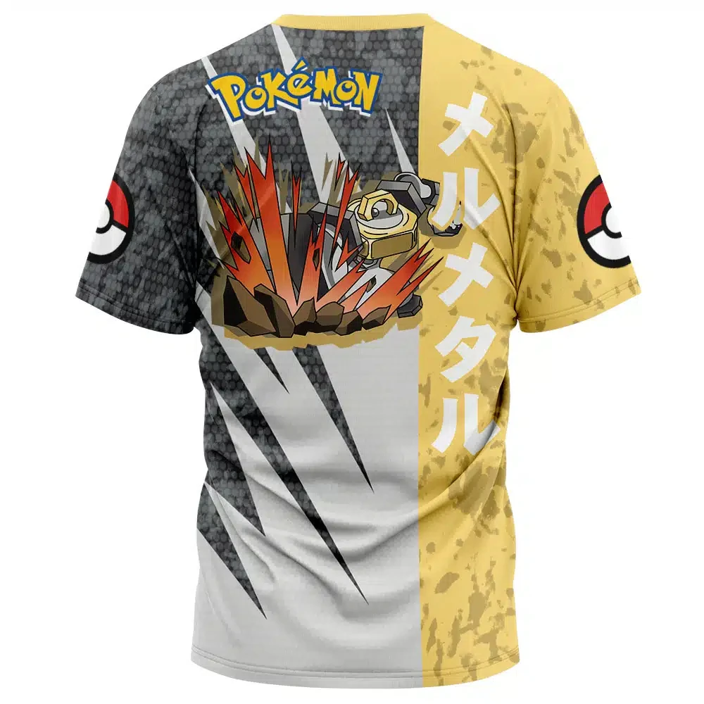 Men's Two Tone Split Full Sublimated Anime Graphic T-Shirt, Pokemon Melmetal Print Pokeball On Sleeves Vertical Japanese Kanji S