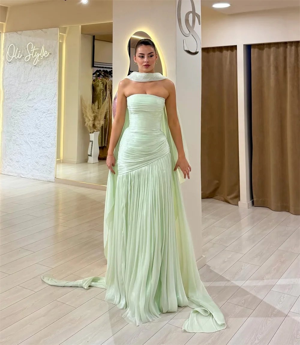 Sansa Customized Light Sage Green Tube Top Pleated Formal Gown Ruched Waist Detachable Neck Cape Floor Sweep Train Prom Dress