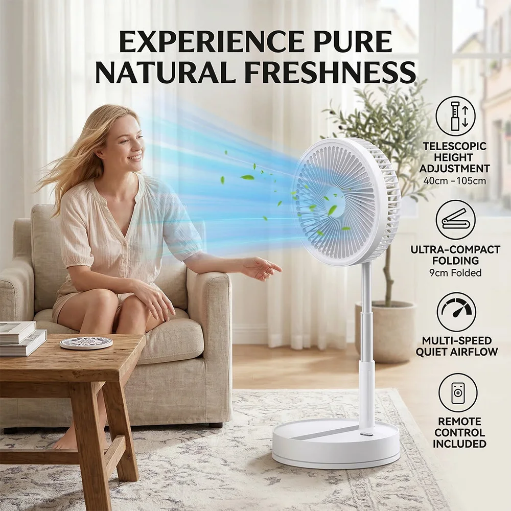 Ventilateur rechargeable USB de 9 pouces, pliable et télescopique, petit ventilateur de table à batterie de 7200 mAh, 4 vitesses réglables, avec télécommande