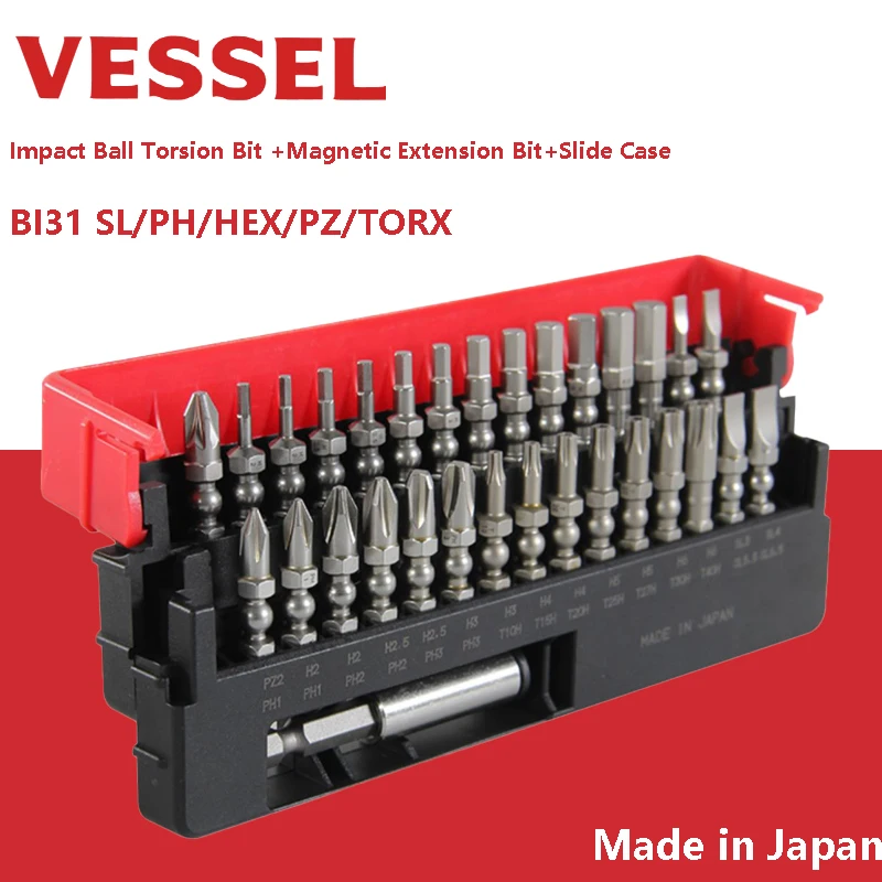 VESSEL IB31P03CSF Screwdriver Bits Set 31Pcs Impact Ball Torsion Bit with Magnetic Extension Bit in Slide Case Hand Tools