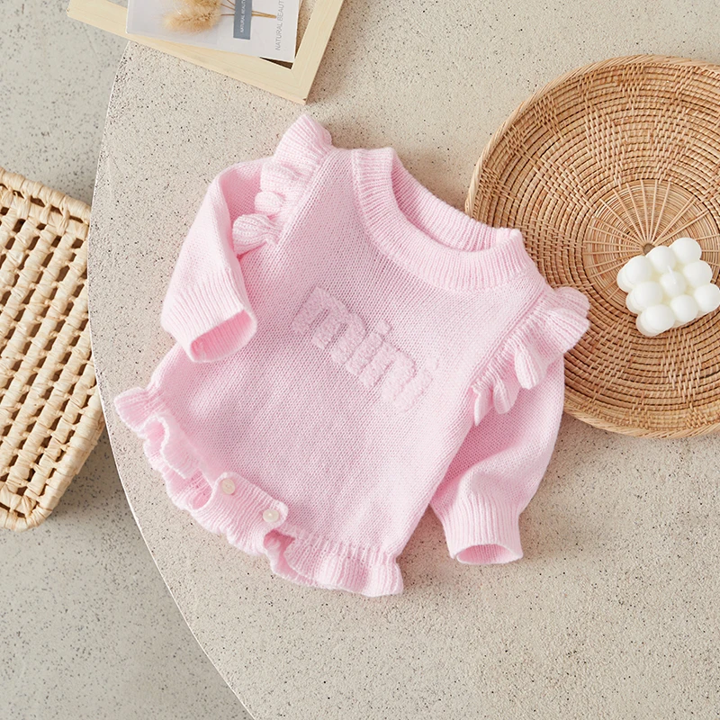 Suefunskry Newborn Baby Girl Knitted Sweater Romper Ruffled Long Sleeve O-Neck Letter Embroidery Solid Color Romper