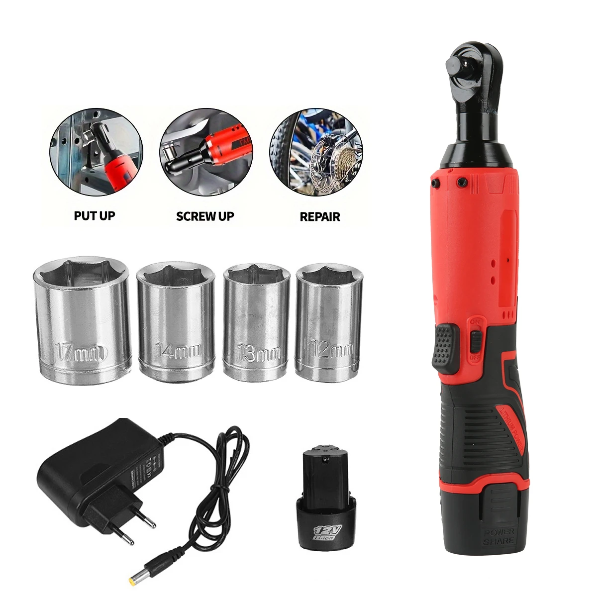 12V Cordless Right Angle Electric Wrench 45NM 3/8 Inch Ratchet Wrench Disassembly Nut Car Maintenance Tool With 4 Sockets