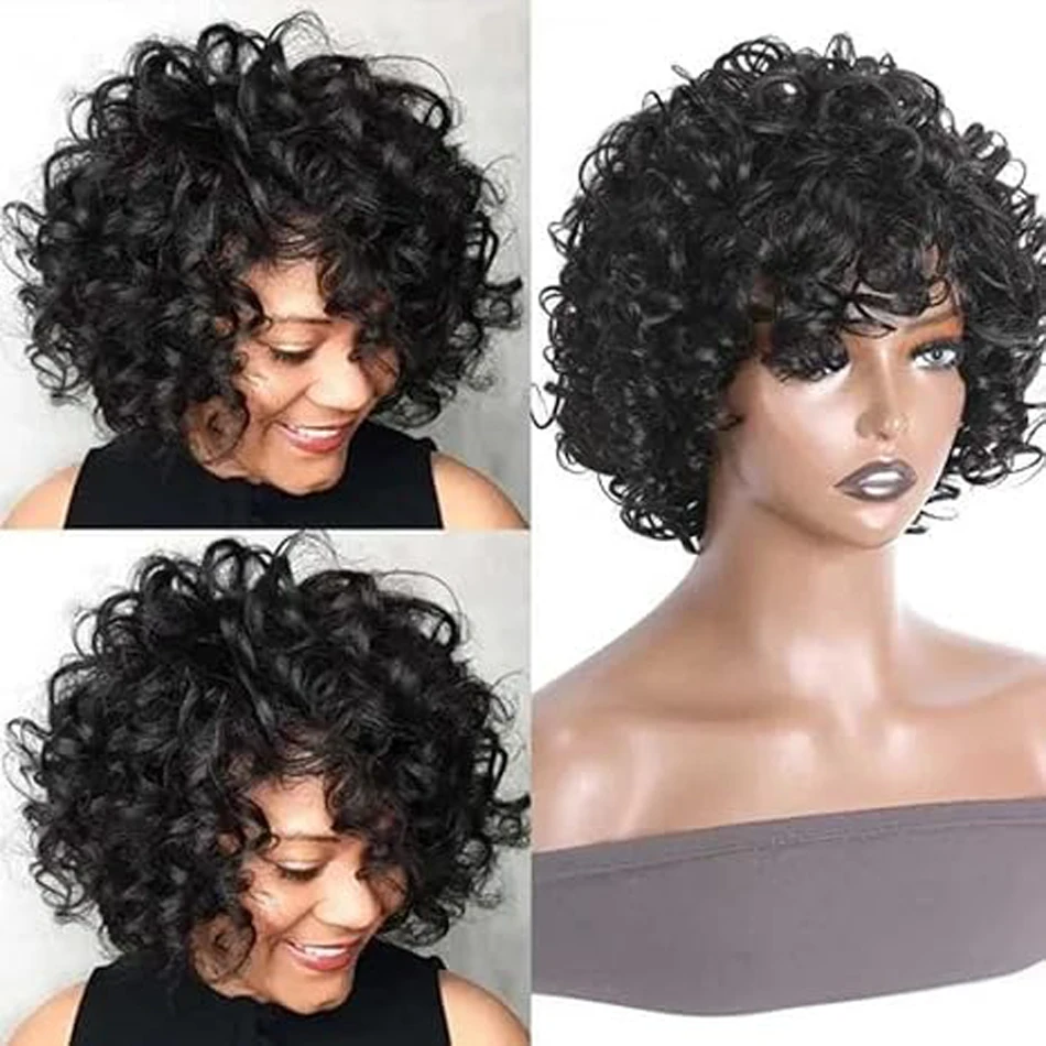 Brazilian Remy 100% Human Hair Bouncy Curly Bob With Bangs For Women Machine Made Wigs 250% Density Bob Wigs Natural Color