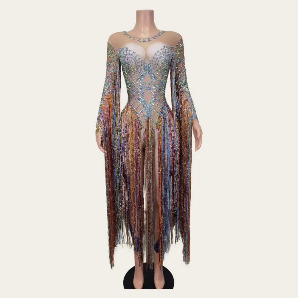 Moda Rhinestone Tassel pajacyki damskie jednoczęściowe kombinezony seksowne kobiety na imprezę bal występ na scenie taniec trykot klubowe body — zdjęcie 2