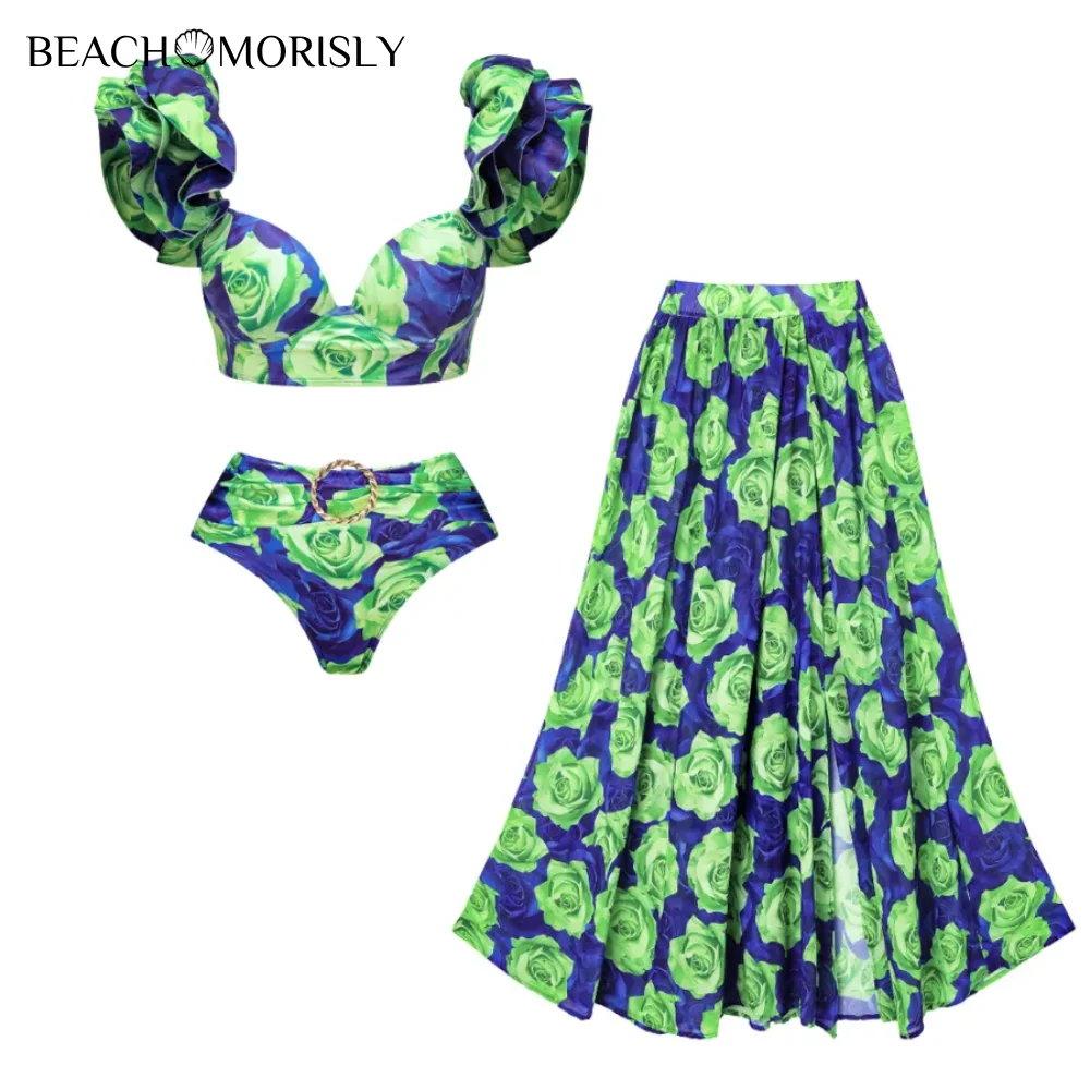 

2024 Women's Swimsuit with skirt Vintage Rose Print Bikini Set 2 pieces Swimwear Women Beachwear Luxury Bathing Suit