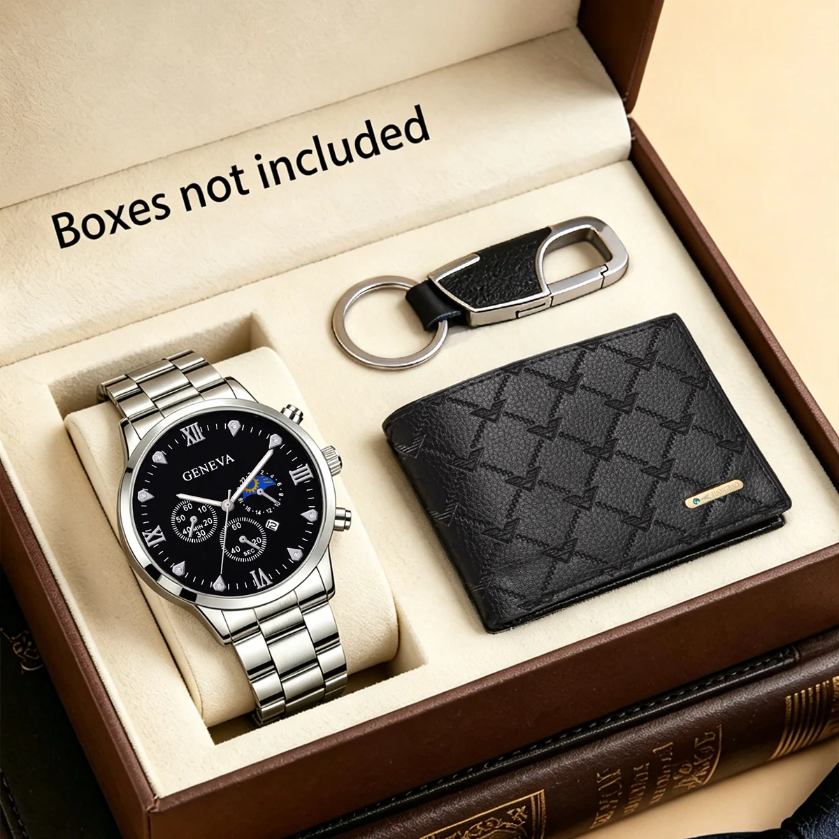 3-Piece Set, Men's Fashionable Quartz Watch with Keychain and Wallet Set, Suitable for Travel and Business Trips, Men's Accessories, Versatile for Daily Business Use, Men's Wristwatch, Excellent Gift.
