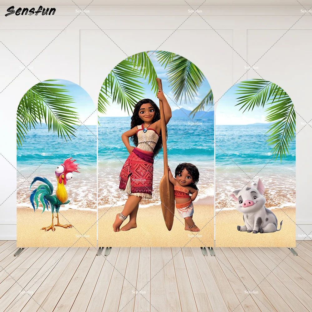 

Hawii Beach Moana First Birthday Party Arched Wall Panels Cute Animals Pig Girls Baby Shower Arch Backdrop Cover 2-Sided