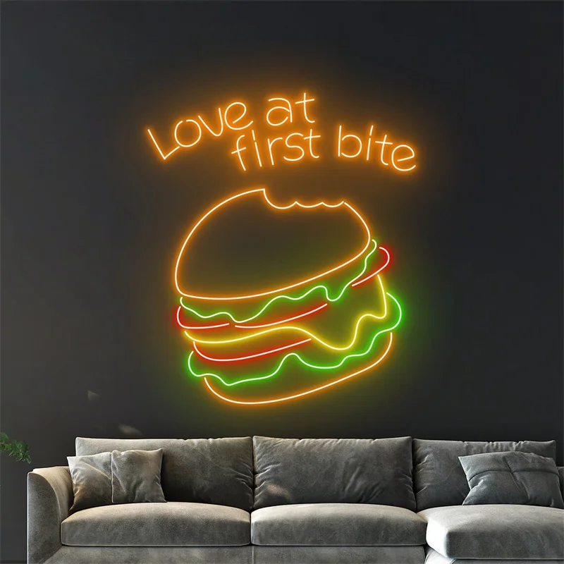 Amor na primeira mordida Neon Sign, Burger Neon LED Light, Restaurante Room Wall Art Decor, Loja de comida