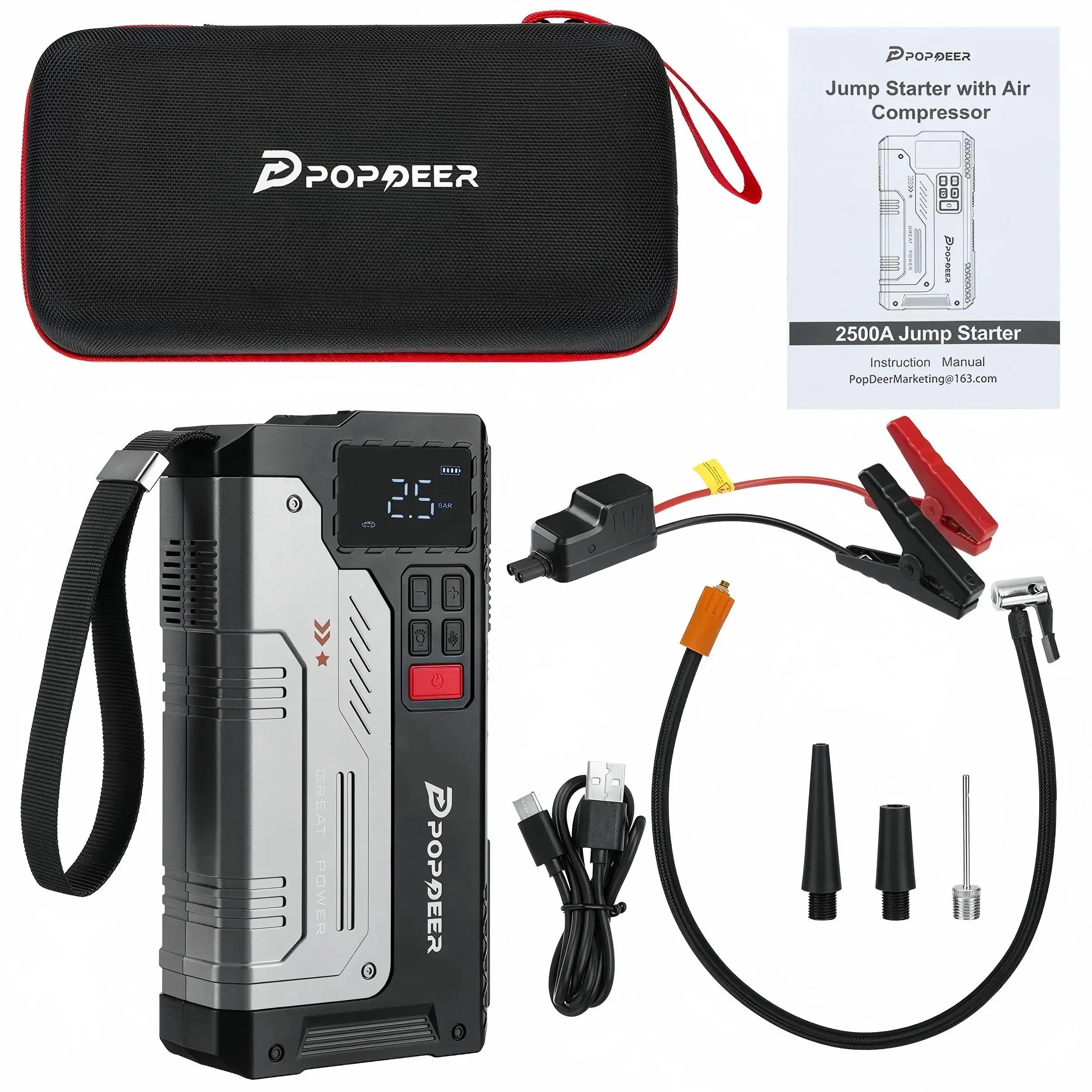 POPDEER PD-JA1 5000A Tragbarer Auto-Starthilfegerät mit Luftkompressor – für 12V Autos, SUVs, Vans & leichte LKWs