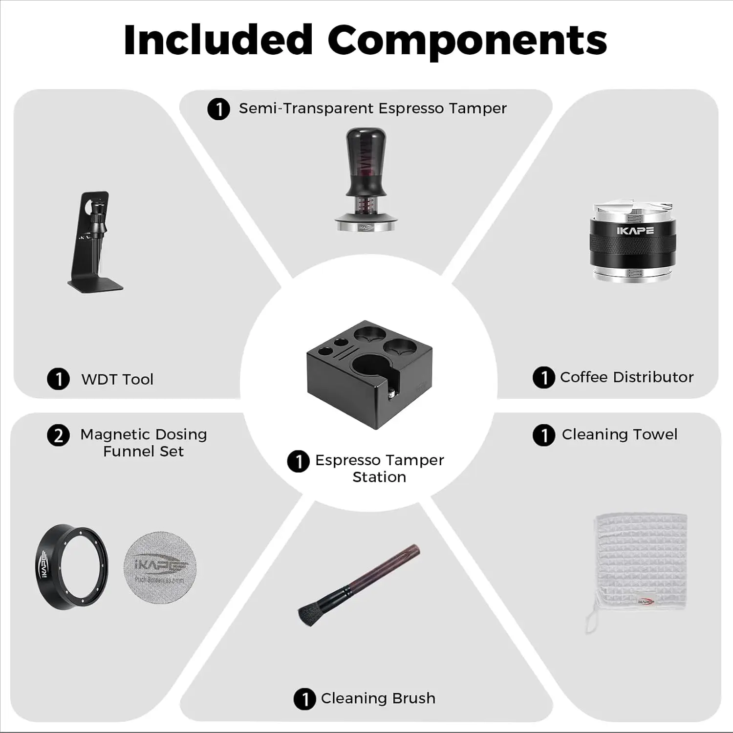 IKAPE 8 IN 1 Espresso Tool Set Black 51MM/53.3MM/58.35MM,Coffee Tamper,Distributor,Magnetic Funnel,Puck Screen,Tamper Station